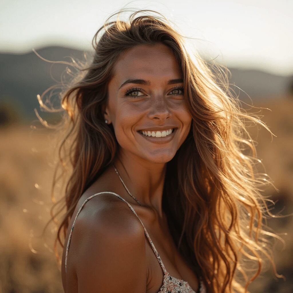 Cabelo longo com camadas, trazendo movimento e leveza para o visual.