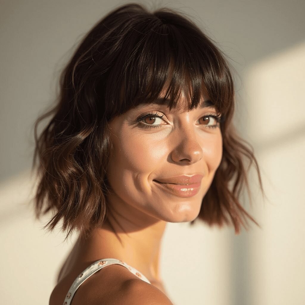 Corte médio com franja longa, trazendo um toque romântico ao visual.