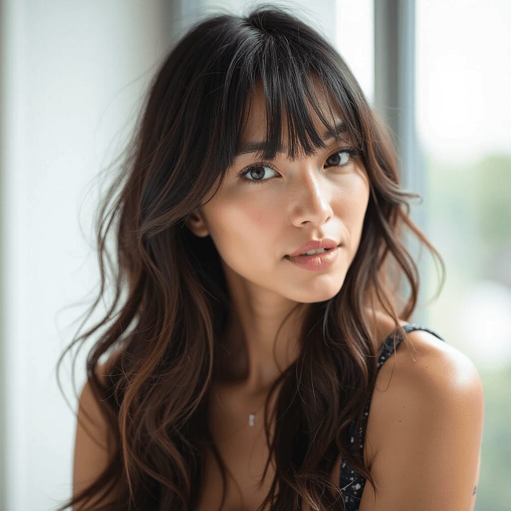 Cabelo longo com franja curta, moderno e cheio de estilo.