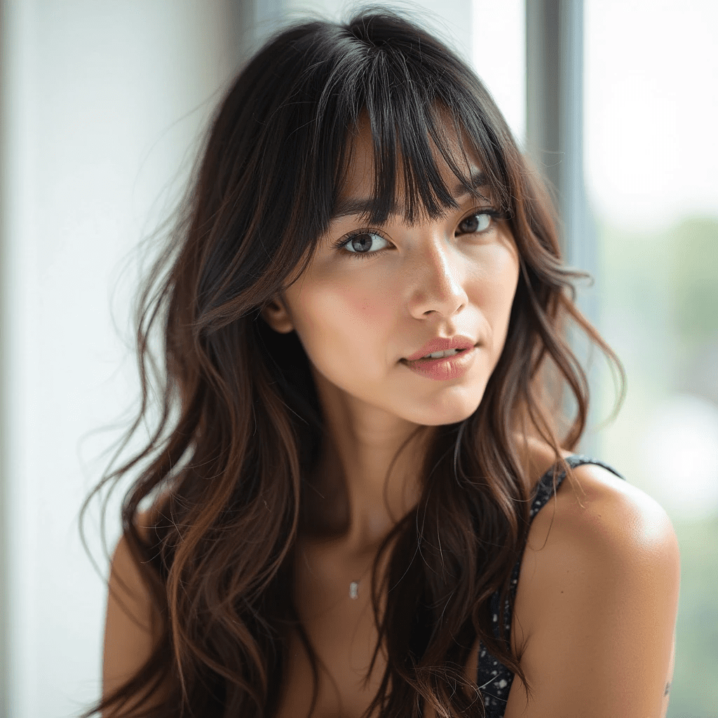 Cabelo longo com franja curta, moderno e cheio de estilo.